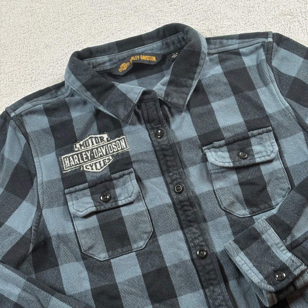 Harley Davidson Womens L Heavyweight Plaid Flannel Shirt Jacket Blue Black Patch